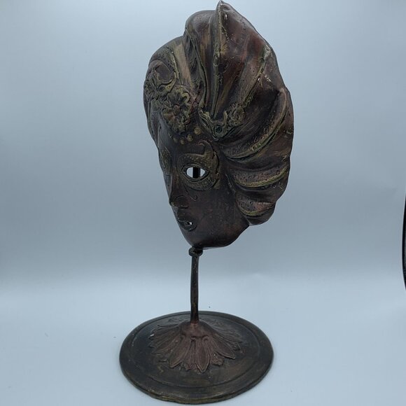 Vintage Mardi Gras Theatrical Face Mask on Stand Copper Brass ‘Antique’ Finish - Picture 4 of 15